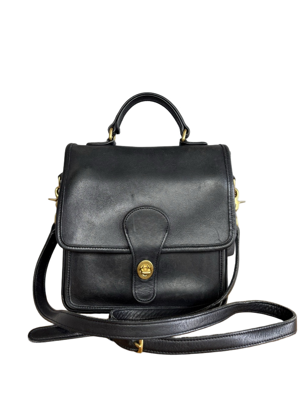 Vintage Coach Black Leather Willis Top Handle Crossbody Bag Turnlock NYC Classic